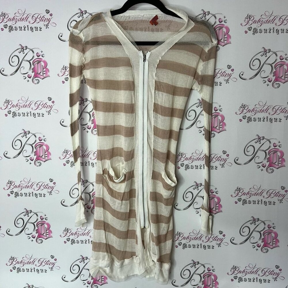 Chan Luu Striped Beige and White Women's Sweater zip up long pockets